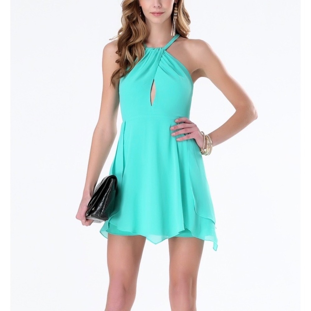 Bebe Teal Green Halter Keyhole Mini Dress Chiffon Layered Skirt Size 6